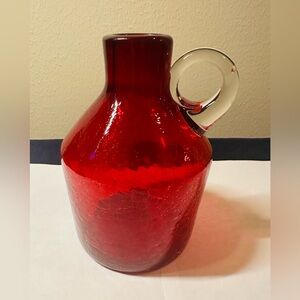 Vintage RED CRACKLE GLASS Jug With Applied Handle. Art Glass